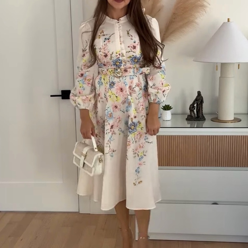 Zimmer Inspired Floral Cream Midi Dress with Puff Sleeves